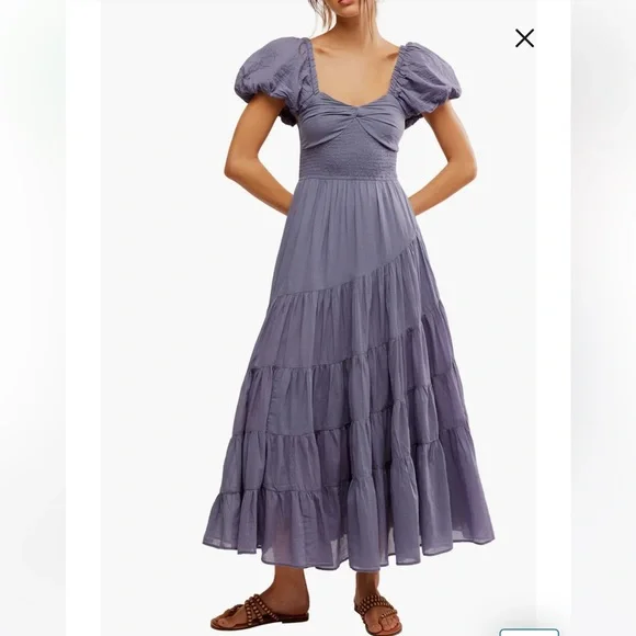 Free People Women's Short Sleeve Sundrenched Maxi Dress - Blue - Size M - Blue Granite